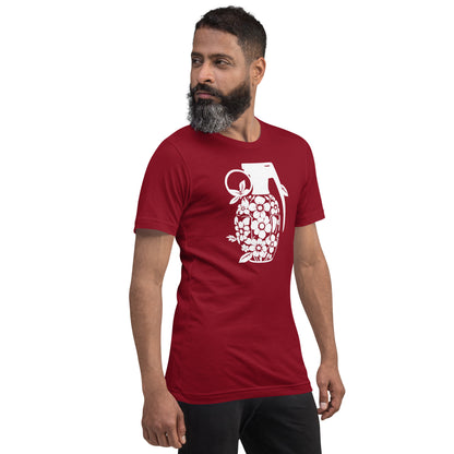 Burgundy crew-neck T-shirt with white floral grenade graphic on the front.