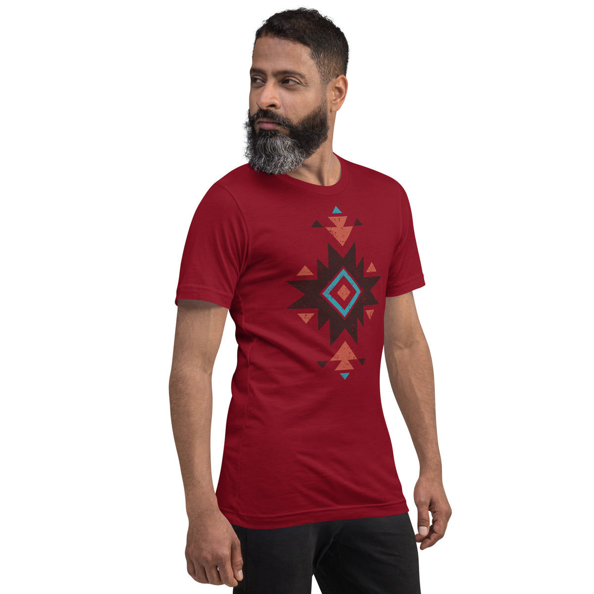 Red Aztec distressed pattern T-shirt with short sleeves and crew neck