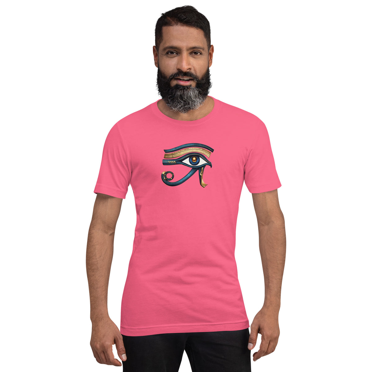 Pink T-shirt with colorful Eye of Horus graphic on the chest