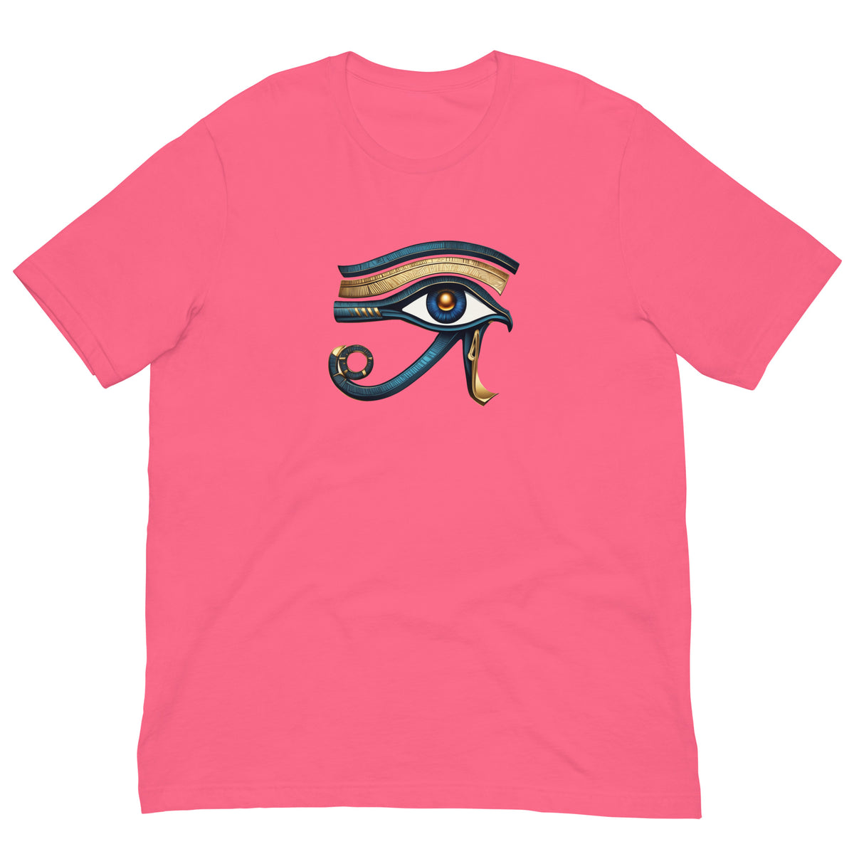 Pink T-shirt with stylized eye graphic in blue and gold on front