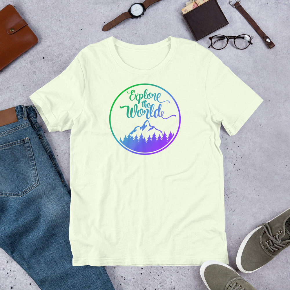 Light yellow Explore the World T-shirt with circular mountain graphic in green and purple