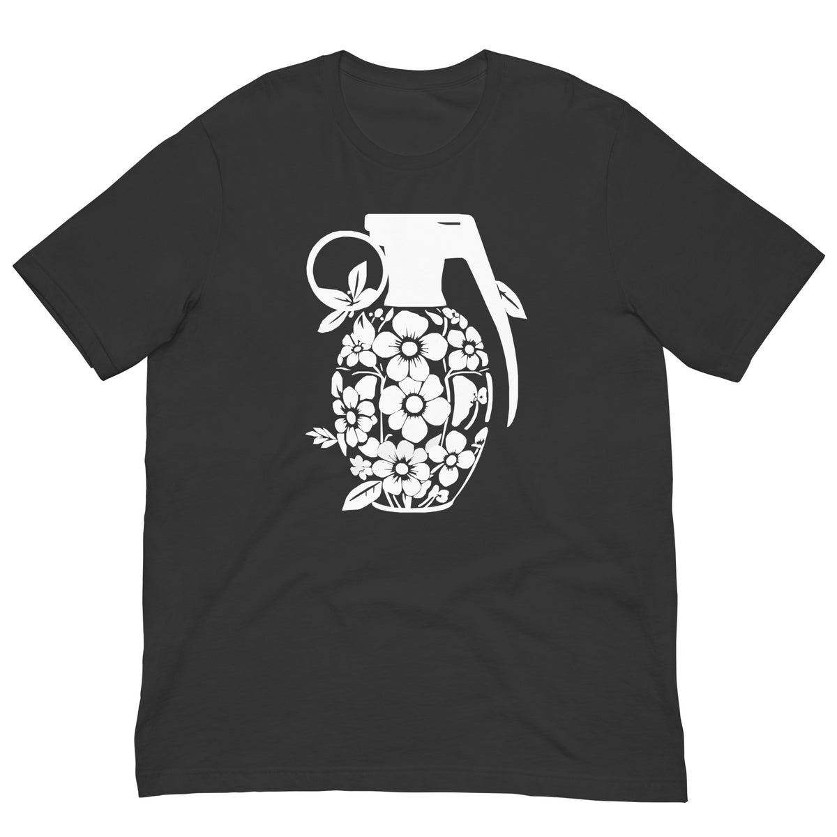 Black crew-neck T-shirt with white floral grenade graphic on the front.