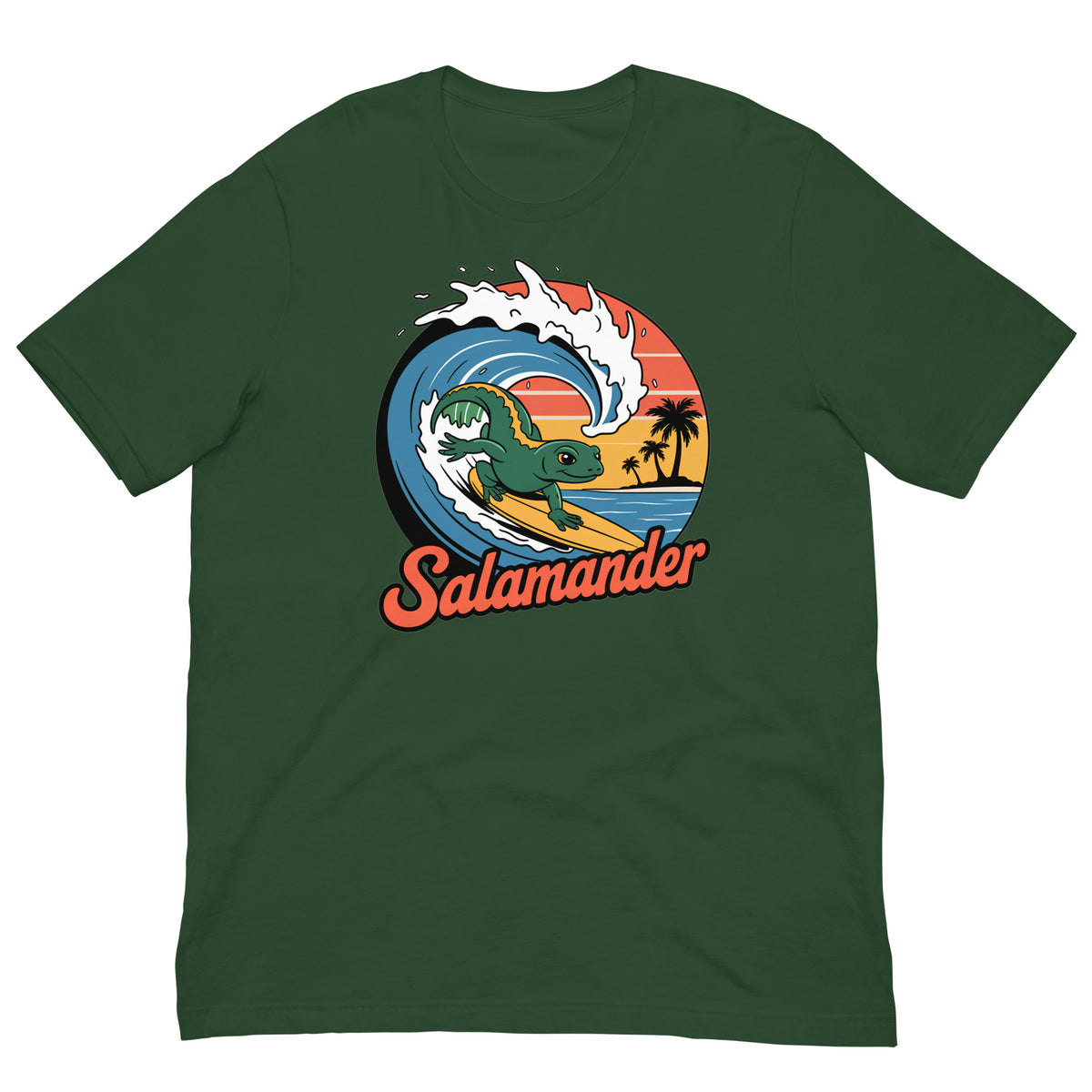 Forest green short-sleeve T-shirt with circular salamander surfing graphic on the front