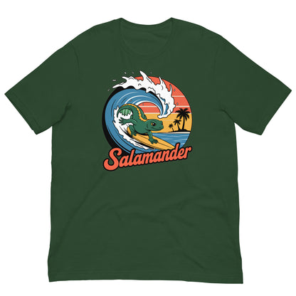 Forest green short-sleeve T-shirt with circular salamander surfing graphic on the front