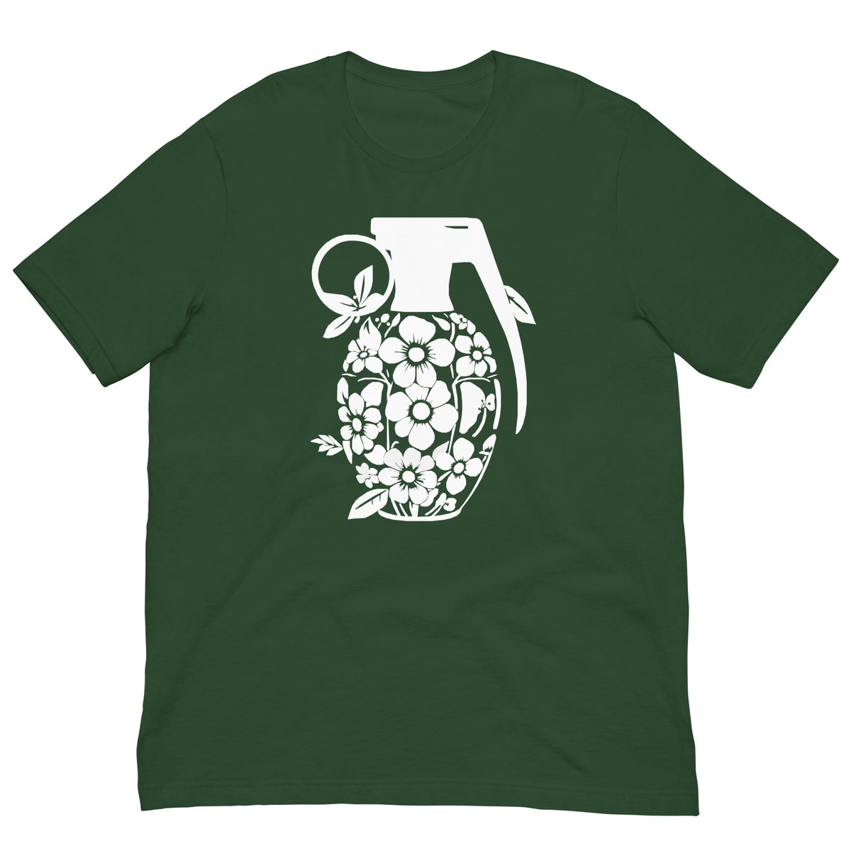 Forest green graphic T-shirt with white floral grenade front print