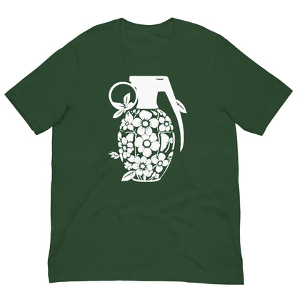 Forest green graphic T-shirt with white floral grenade front print