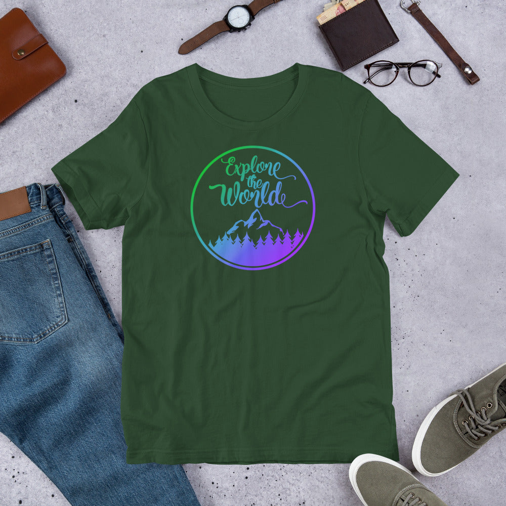 Forest green short-sleeve T-shirt with circular “Explore the World” logo and mountain graphic.