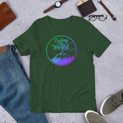Forest green short-sleeve T-shirt with circular “Explore the World” logo and mountain graphic.