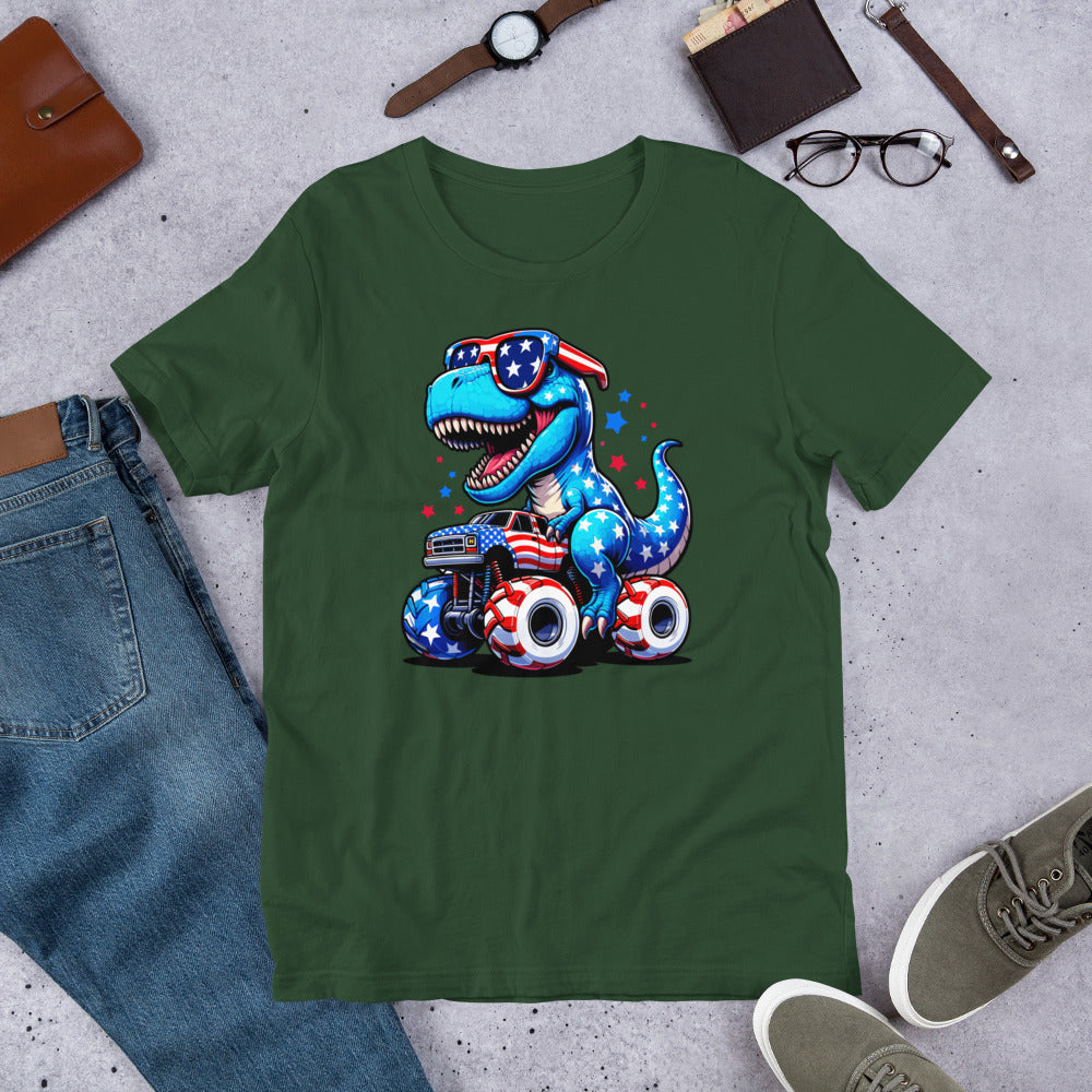 Forest green T-shirt with graphic of a roaring T-rex riding a monster truck