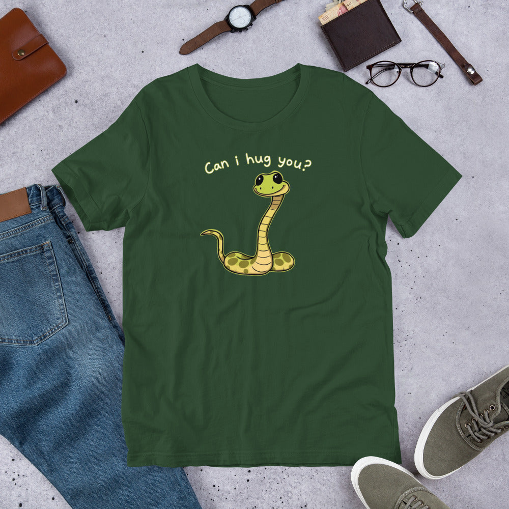 Green crewneck T-shirt with yellow snake hug graphic on front