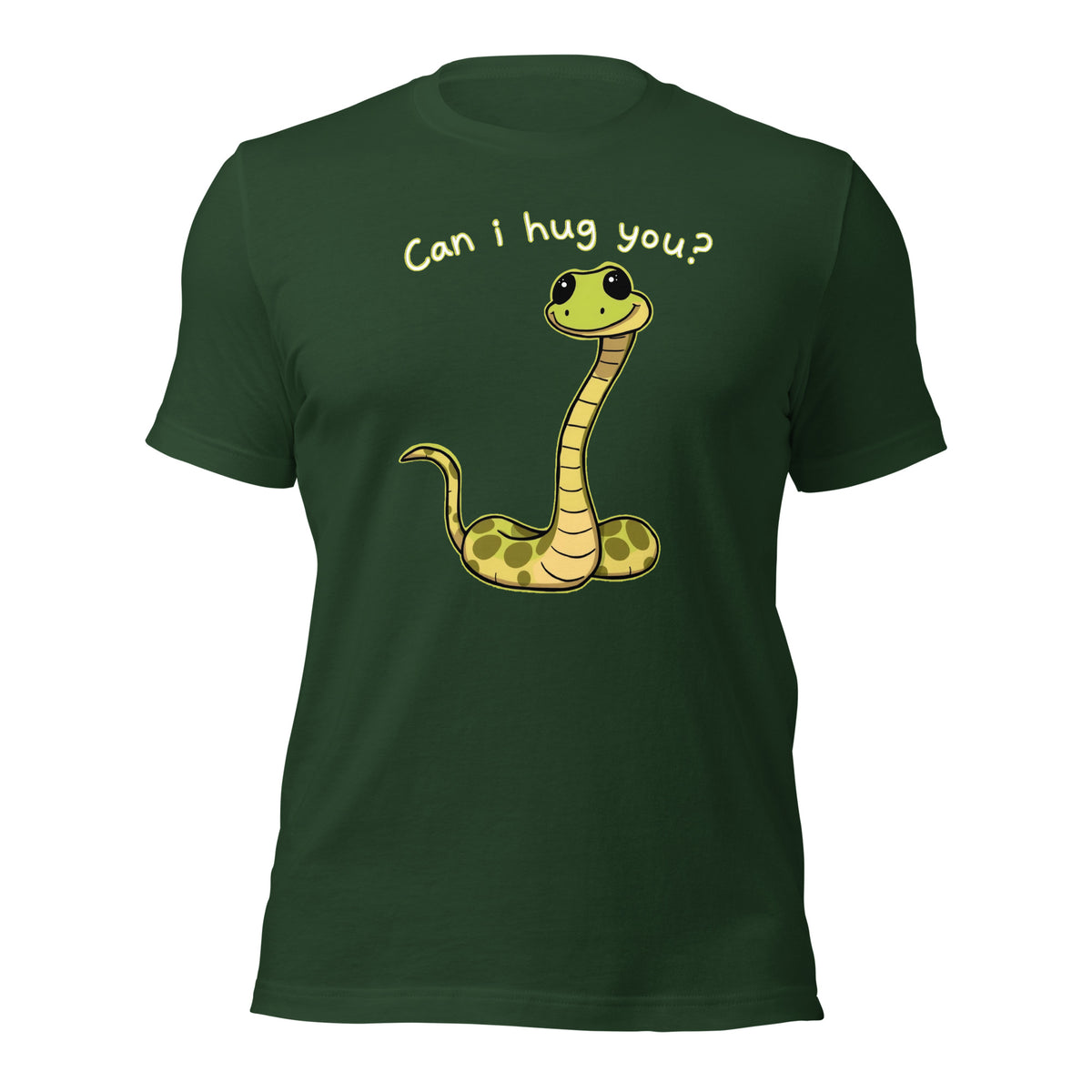 Forest green snake graphic T-shirt with “Can I hug you?” on back