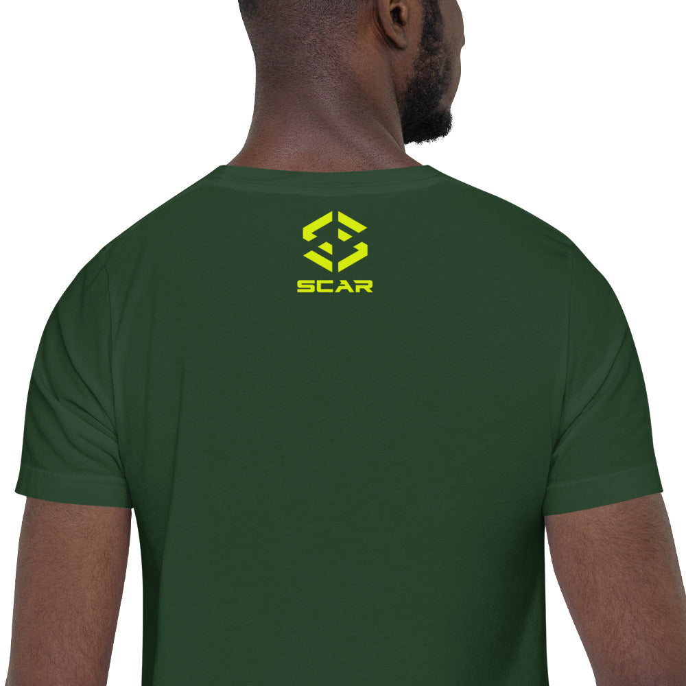 Green crewneck T-shirt with SCAR logo on back