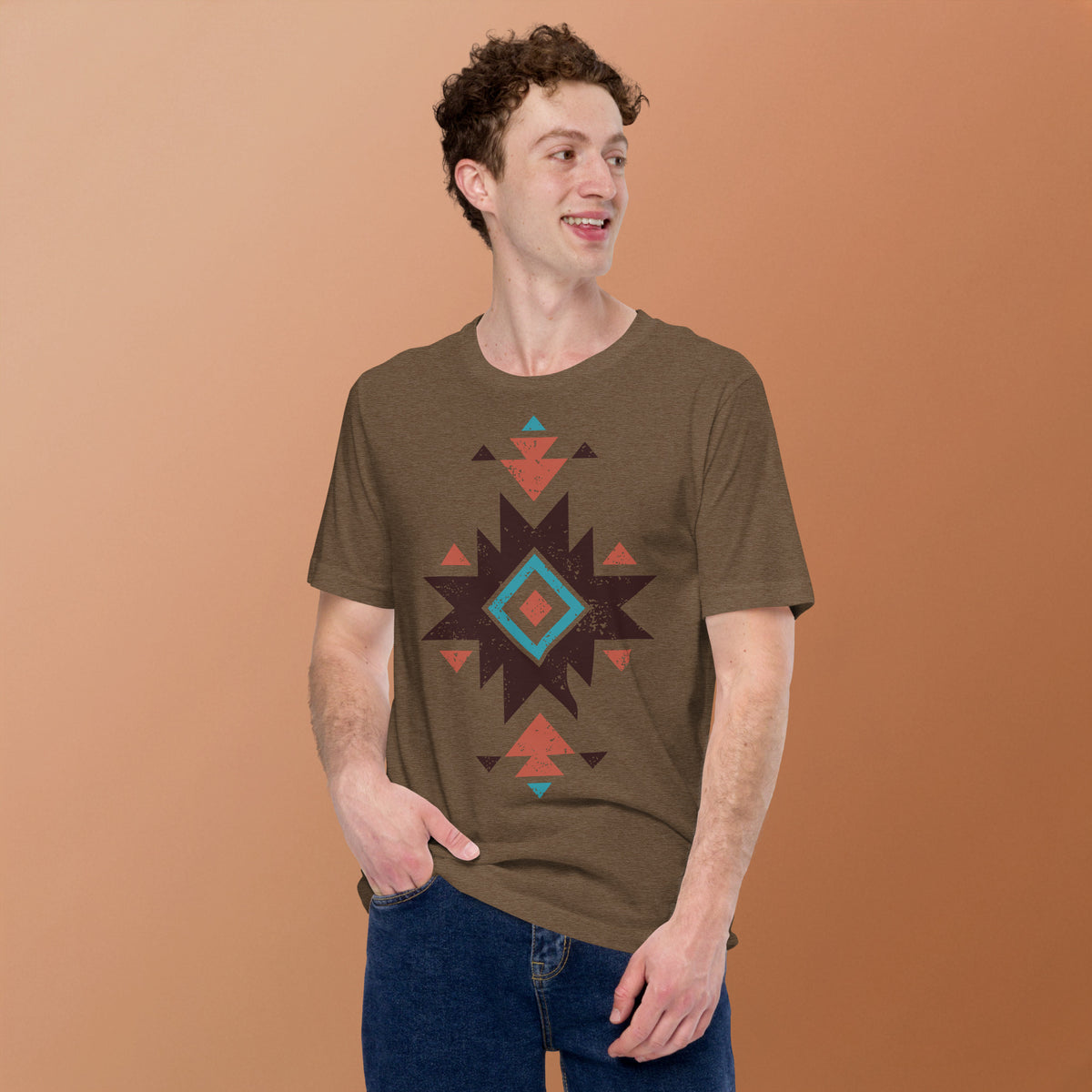Brown Aztec distressed pattern T-shirt with short sleeves and crew neck