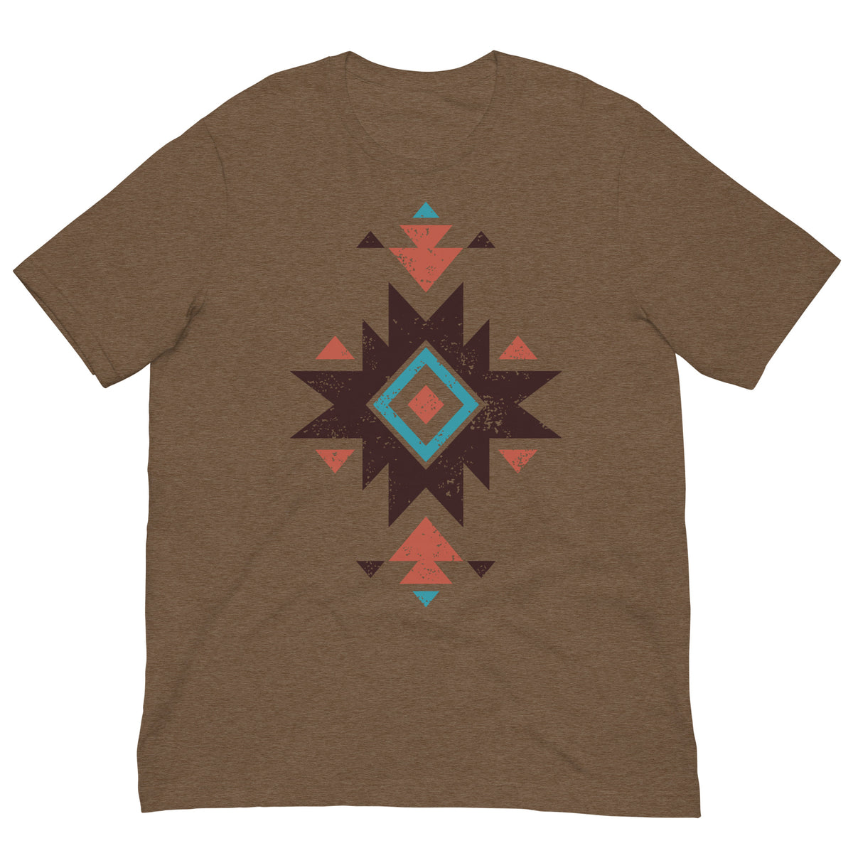 Heather brown Aztec distressed pattern T-shirt with short sleeves and crew neck