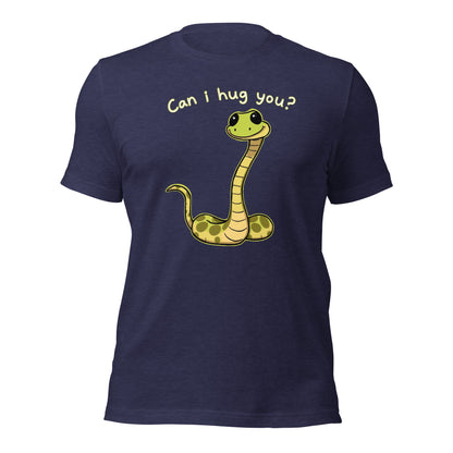 Heather midnight navy snake graphic T-shirt with “Can I hug you?” on back