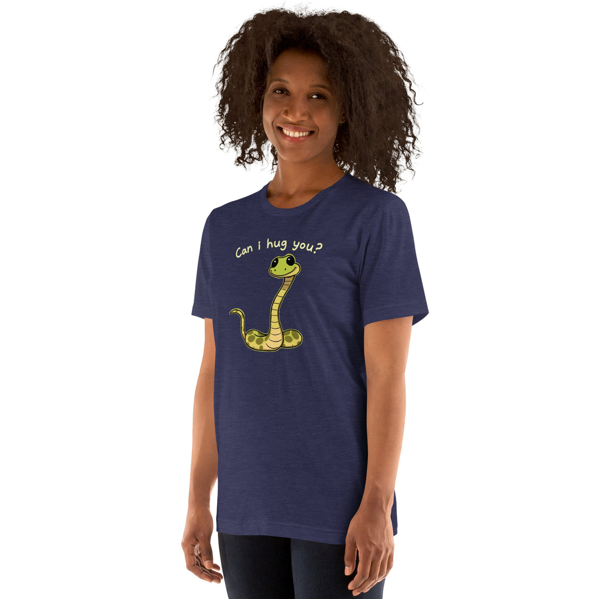 Blue crewneck T-shirt with yellow snake hug graphic on front