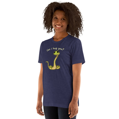 Blue crewneck T-shirt with yellow snake hug graphic on front