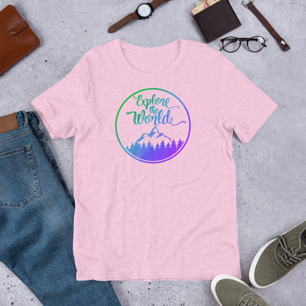 Light pink short-sleeve T-shirt with circular “Explore the World” logo and mountain graphic.
