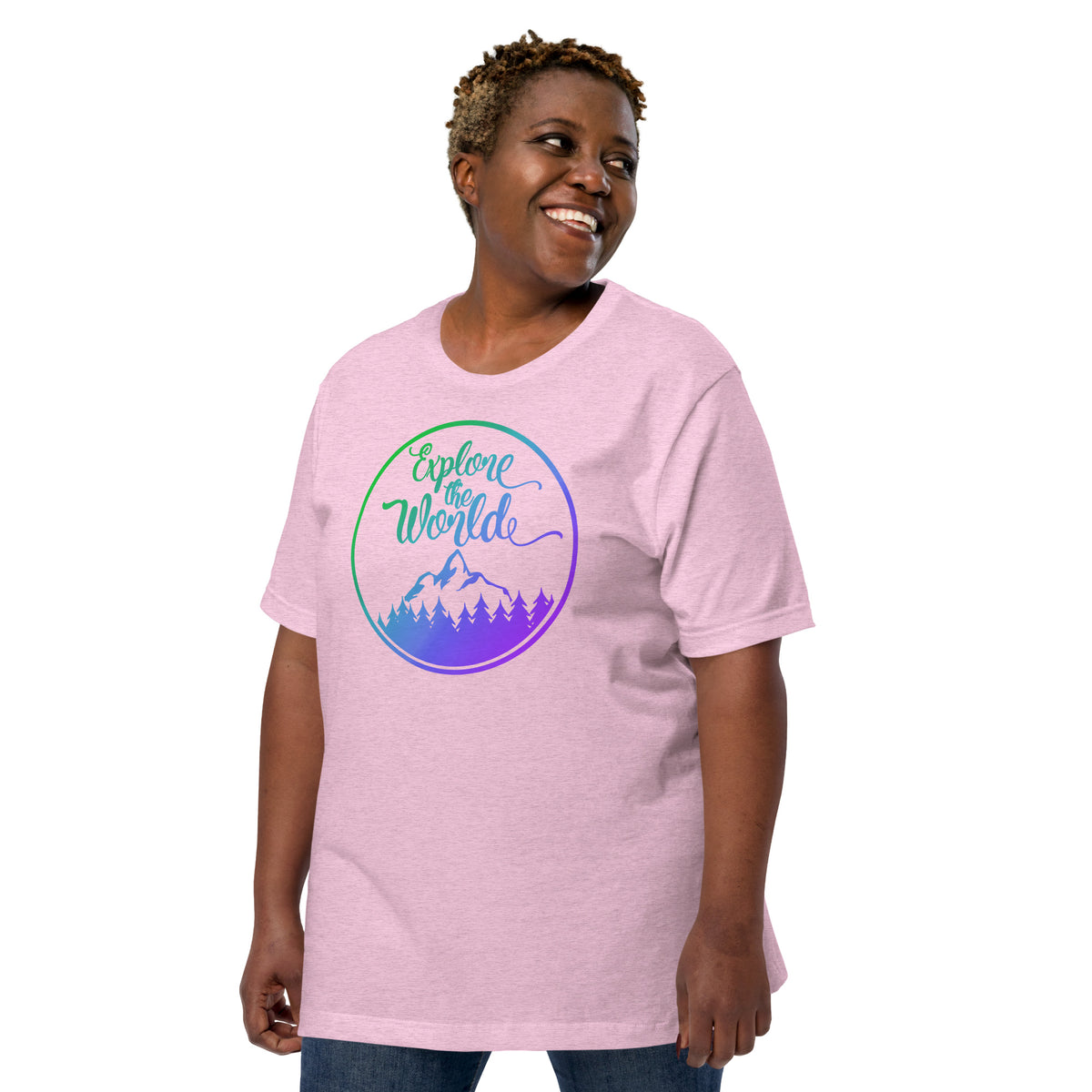 Pink short-sleeve T-shirt with circular “Explore the World” logo and mountain graphic.