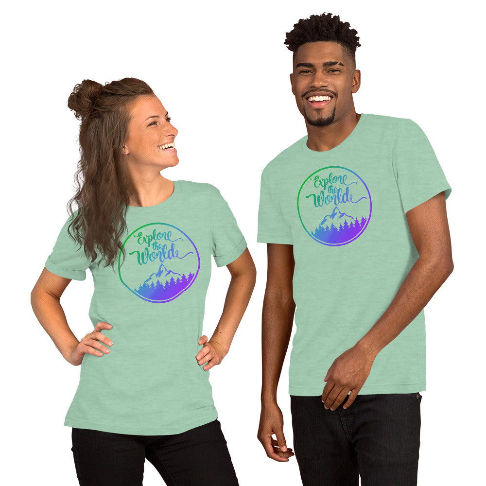 Mint green short-sleeve T-shirt with circular “Explore the World” logo and mountain graphic.