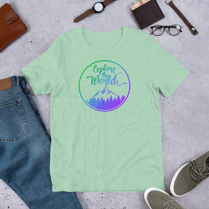 Mint green Explore the World T-shirt with circular mountain graphic