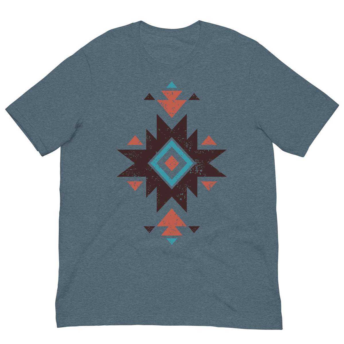 Blue heather T-shirt with distressed Aztec star pattern graphic on the chest