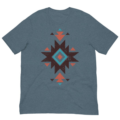 Blue heather T-shirt with distressed Aztec star pattern graphic on the chest