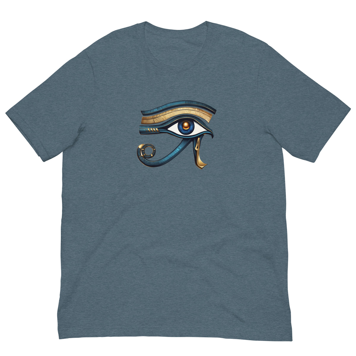 Slate blue T-shirt with stylized eye graphic in blue and gold on front