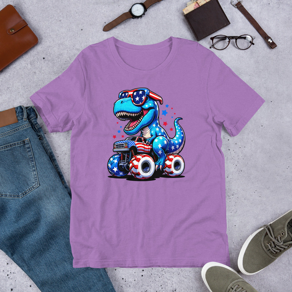 Lavender T-shirt with graphic of a roaring T-rex riding a monster truck