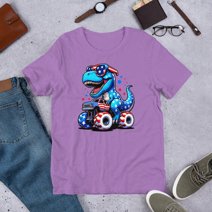 Lavender T-shirt with graphic of a roaring T-rex riding a monster truck