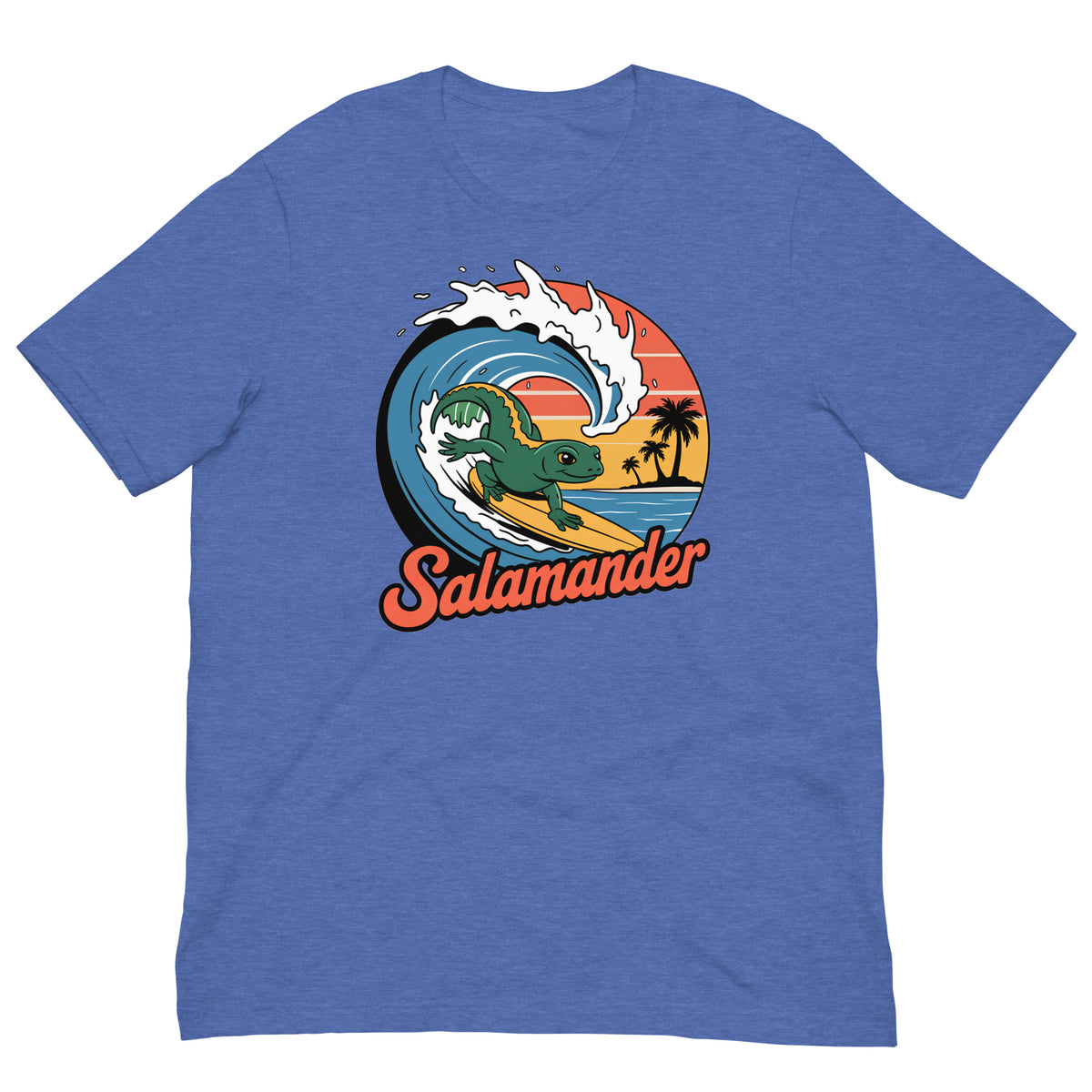 Heathered blue short-sleeve T-shirt with circular salamander surfing graphic on the front