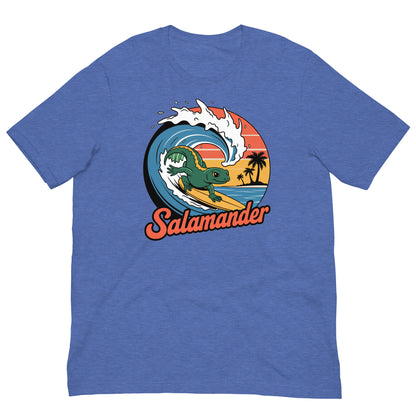 Heathered blue short-sleeve T-shirt with circular salamander surfing graphic on the front