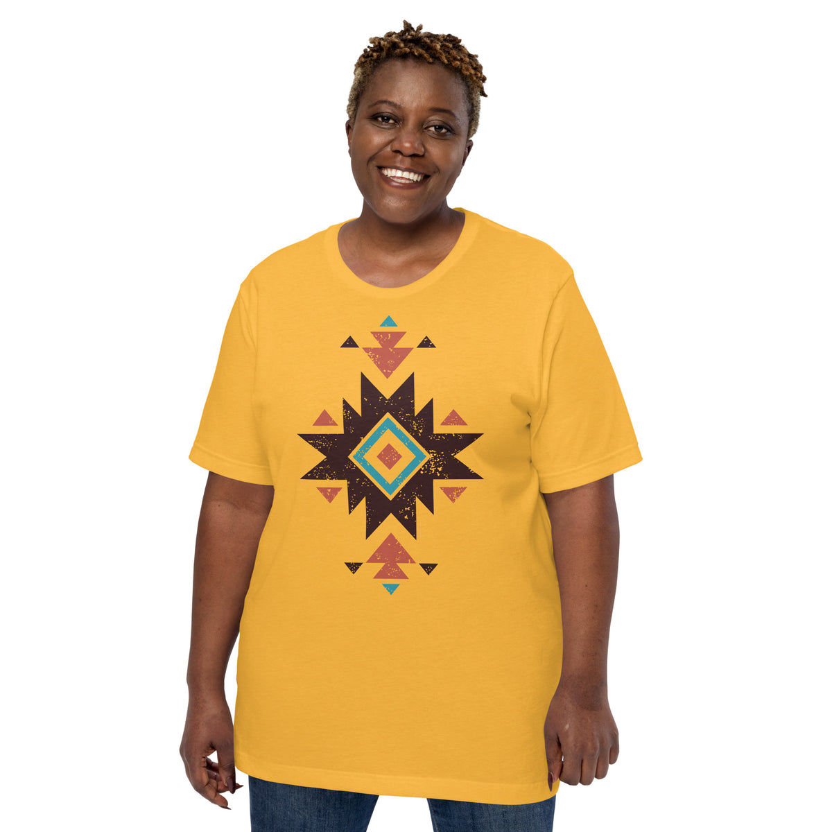 Yellow Aztec distressed pattern T-shirt with short sleeves and crew neck