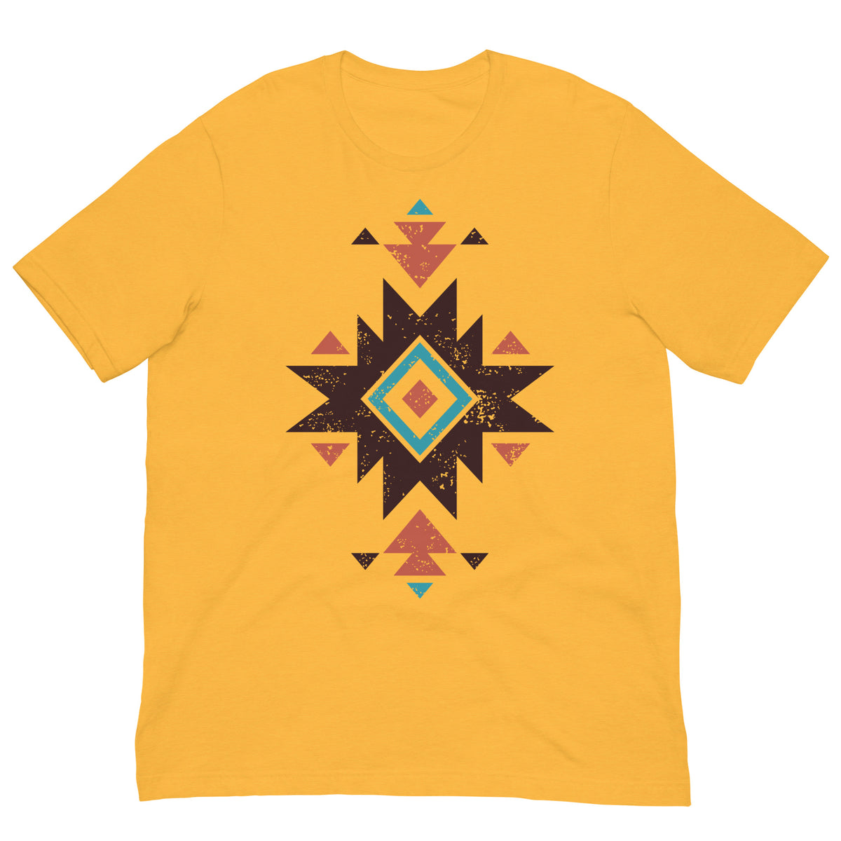 Gold yellow T-shirt with distressed Aztec star pattern graphic on the chest
