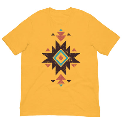 Gold yellow T-shirt with distressed Aztec star pattern graphic on the chest
