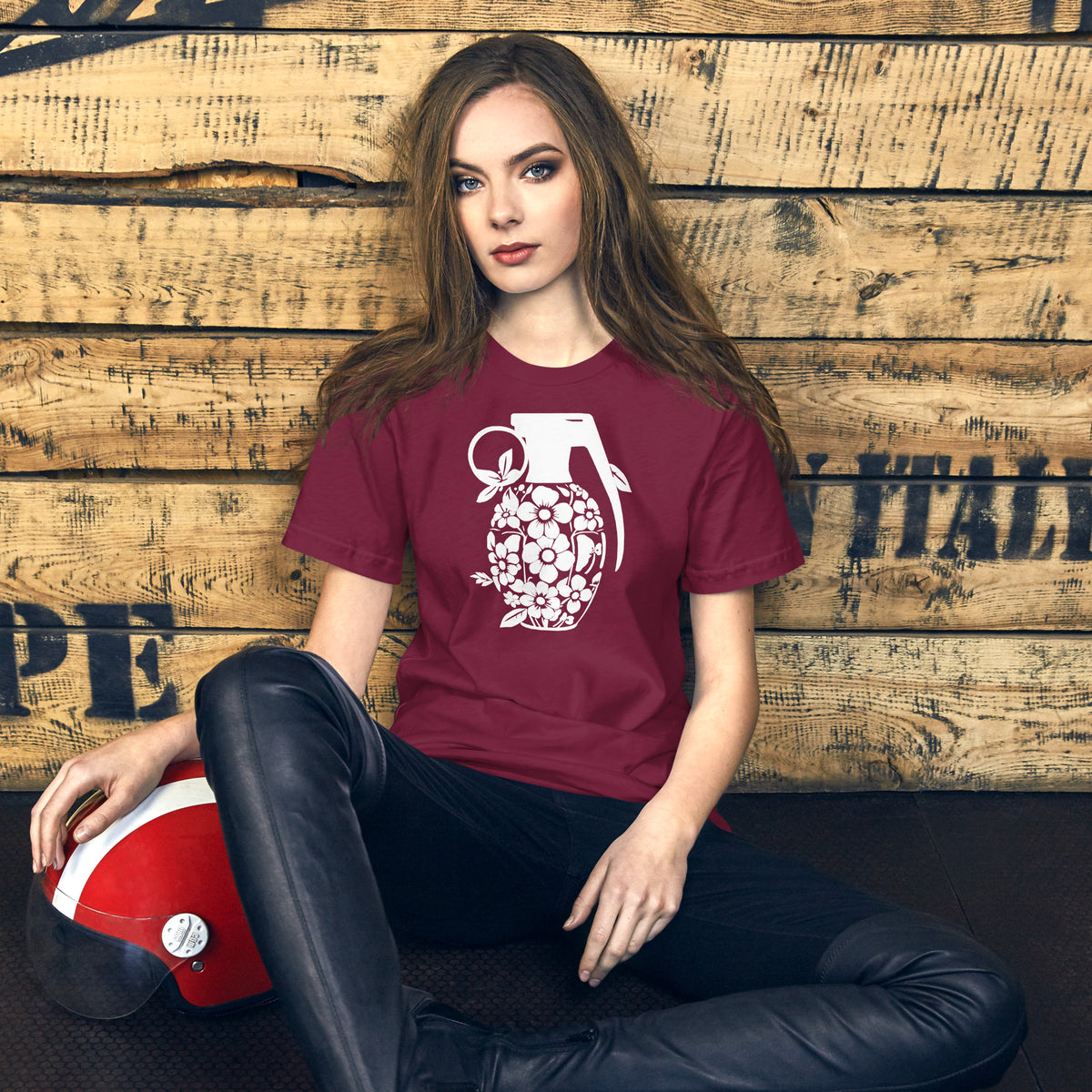Maroon crew-neck T-shirt with white floral grenade graphic on the front.