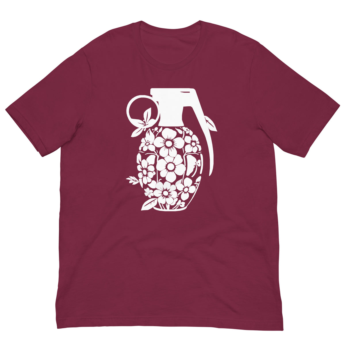 Maroon graphic T-shirt with white floral grenade front print
