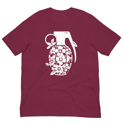 Maroon graphic T-shirt with white floral grenade front print