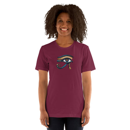 Purple-maroon T-shirt with Eye of Horus graphic on the chest
