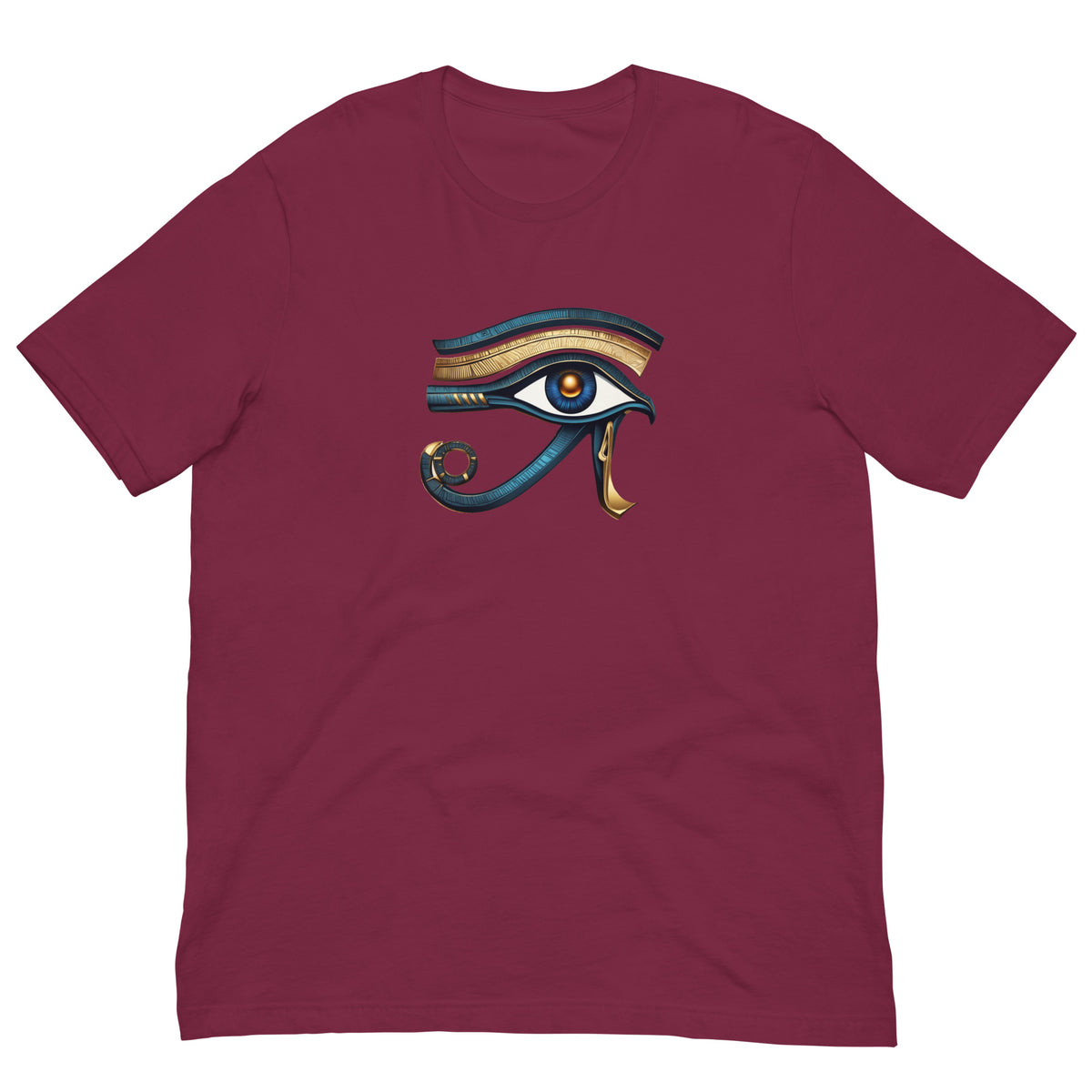 Maroon T-shirt with colorful Eye of Horus graphic on the back