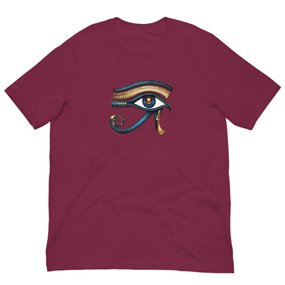 Maroon T-shirt with colorful Eye of Horus graphic on the back