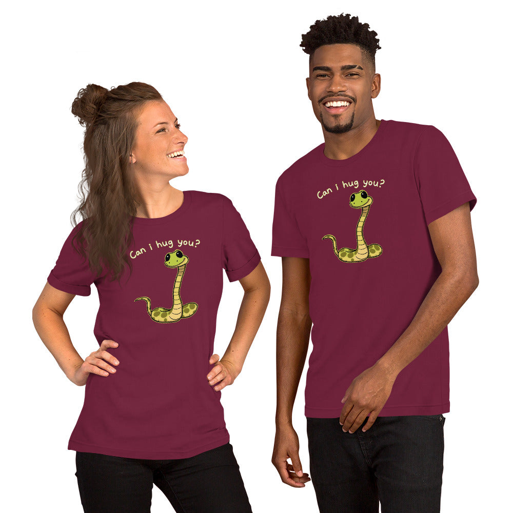 Maroon crewneck T-shirt with yellow snake hug graphic on front, worn