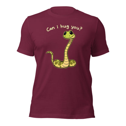 Maroon snake graphic T-shirt with “Can I hug you?” on back