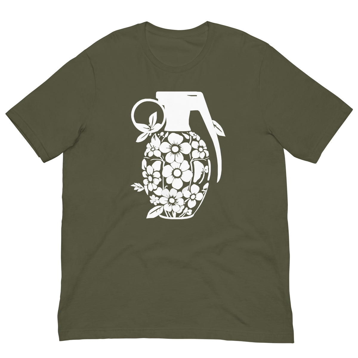 Olive green graphic T-shirt with white floral grenade front print