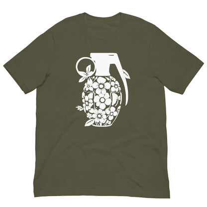 Olive green graphic T-shirt with white floral grenade front print