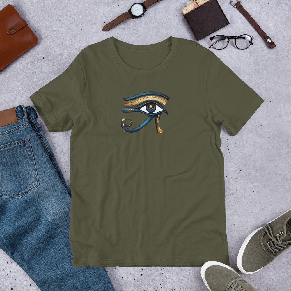 Olive green T-shirt with Eye of Horus graphic on the chest