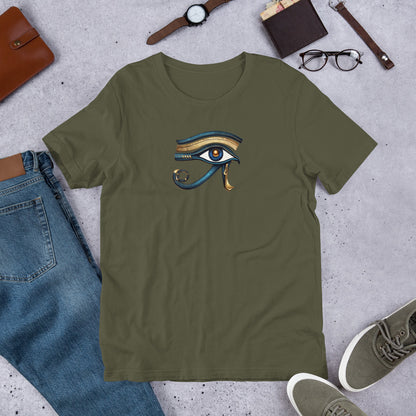 Olive green T-shirt with Eye of Horus graphic on the chest