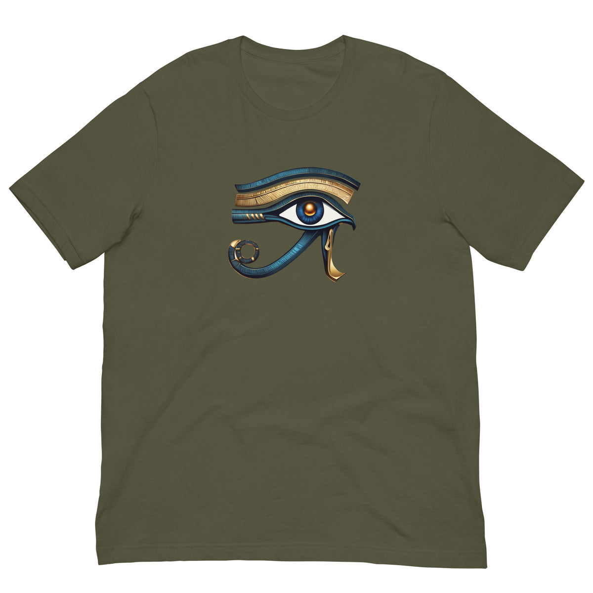 Olive green T-shirt with colorful Eye of Horus graphic on the chest