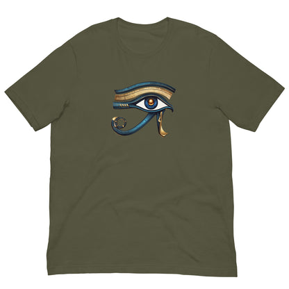 Olive green T-shirt with colorful Eye of Horus graphic on the chest