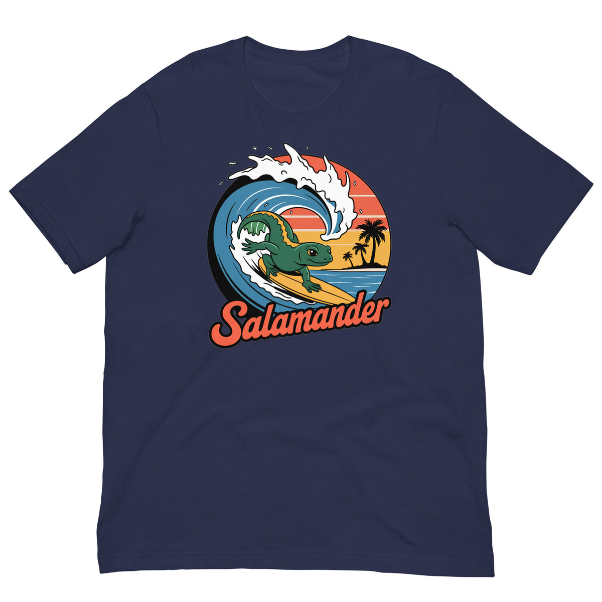 Navy short-sleeve T-shirt with circular salamander surfing graphic on the front